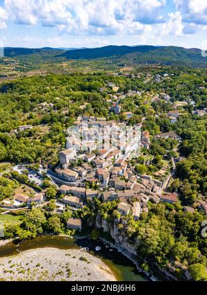 Aerial view of Balazuc, one of the most beautiful village in Ardeche, South of France Stock Photo