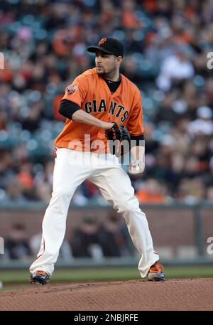 San Francisco Giants pitcher Jonathan Sanchez reacts after walking