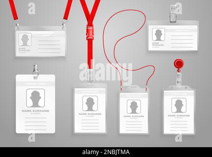 Realistic name badges templates set with red lanyards clips and holders isolated on grey background vector illustration Stock Vector