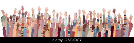 Isolated many raised group hands and arms of multicultural and international women. Women’s day. Businesswomen. Equality Allyship. Female community Stock Vector
