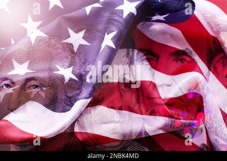Happy Presidents Day Concept with the US national Flag against a collage American Presidents portraits cut of Dollar bills. Stock Photo