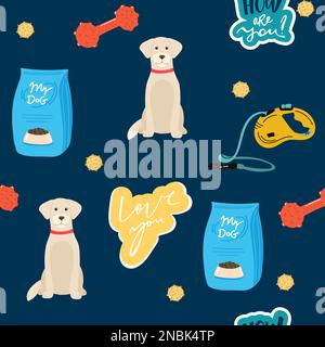 Golden retriever dogs in different poses and coat colors. Seamless pattern. Adult goldies and puppy set. Vector illustration Stock Vector