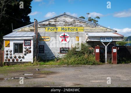 Old petrol station, 'Port Motors', Ormondville, Tararua District, North Island, New Zealand Stock Photo