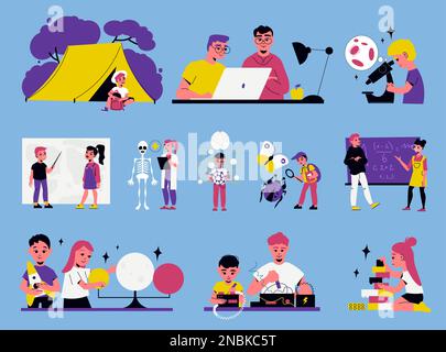 Stem camp colorn set with study and experiment symbols flat isolated vector illustration Stock Vector