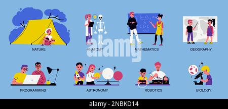 Stem camp children compositions set with astronomy and biology symbols flat isolated vector illustration Stock Vector