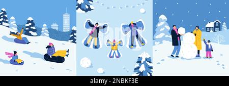 Winter holiday compositions set with people having fun outdoors making snowman angels going down hill isolated flat vector illustration Stock Vector