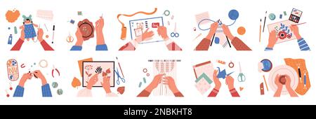 Human hands doing various craft activities top view flat set isolated vector illustration Stock Vector