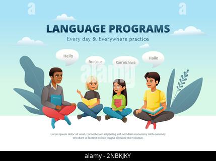 Global education student exchange cartoon background composition with editable text and doodle characters of talking people vector illustration Stock Vector