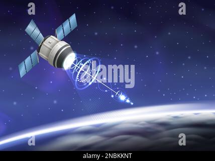 Realistic rocket launch composition with spacecraft flying above clouds ...