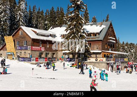 People, visitors, and skiers enjoying the sunny Winter day at Aleko Hut in Vitosha Mountain above Sofia, Bulgaria, Eastern Europe, Balkans, EU Stock Photo