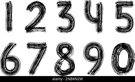 Digits set hand drawn with dry brush. Numbers. Rough strokes modern calligraphy text style. Vector. Black and white Stock Vector