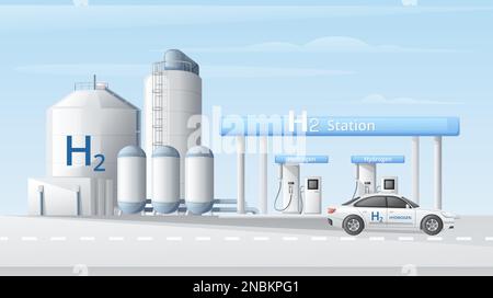 Green hydrogen energy fuel generation cartoon composition with view of road with refilling station and car vector illustration Stock Vector