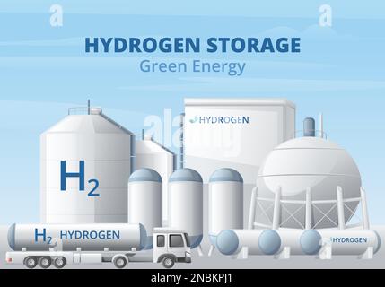 Green hydrogen energy fuel generation cartoon background composition with text and storage tanks with tanker truck vector illustration Stock Vector