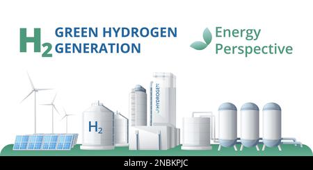 Green hydrogen energy fuel generation cartoon background composition with text and alternative power sources horizontal view vector illustration Stock Vector