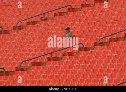 A lone Kansas City Royals fan stands with a section of Los Angeles Angels  fans during Game 2 of baseball's AL Division Series in Anaheim, California,  Friday, Oct. 3, 2014. A California