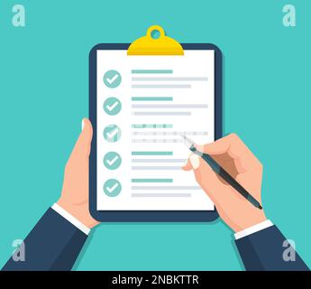 Businessman hands holding clipboard with checklist in a flat design ...