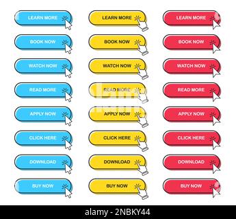 Big set of web buttons with click cursor in a flat design with shadow Stock Vector