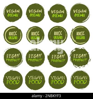 Vegan logo collection. Set of different grunge circles shapes label with different text Stock Vector