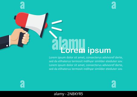 Hand holding megaphone with place for text in a flat design. Marketing concept Stock Vector
