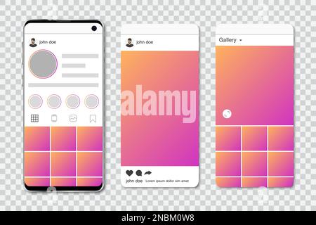 Mock up of smartphone with social network frames. Template of social network in smartphone. Set of social network frames Stock Vector