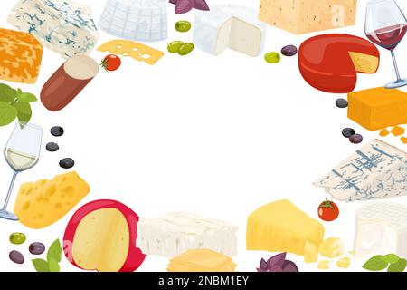 Cheese flat composition or frame whole heads of cheese and sliced wine olives and tomatoes vector illustration Stock Vector