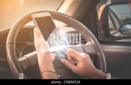 business woman using phone, technology concept, smart phone, social media while in car, social network concept with smartphone - image Stock Photo