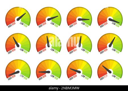 Set of risk speedometer icons with shadow. Measuring level of risk Stock Vector