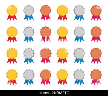 Big set of medals with ribbon in a flat design. Gold, silver and bronze medal collection Stock Vector