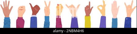 Hands gestures flat composition set thumbs up clenched fist peace sign thumbs up okay rocker gesture vector illustration Stock Vector