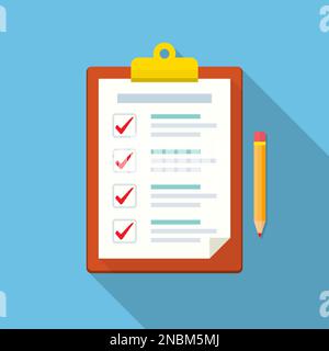 Clipboard with checklist and pencil icon with long shadow Stock Vector