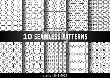 Geometric seamless vector patterns set. Modern line repeat graphics with simple geometrical shapes. Geometric line seamless pattern collection illustr Stock Vector