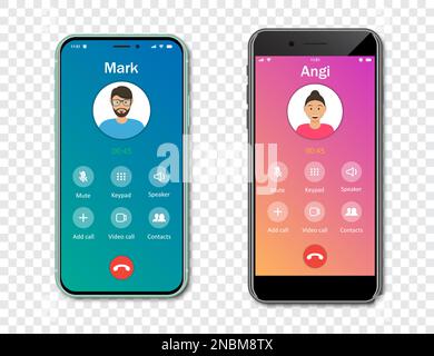 Smartphone call app interface template on a transparent background. Incoming call concept. Vector illustration Stock Vector