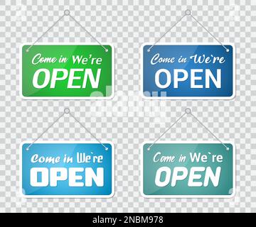 Set of come in we're open door sign on a transparent background Stock Vector