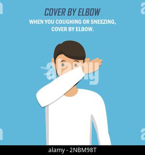 Recommendation during a coronavirus pandemic. Cover with napkin. Man sneezes and covers with elbow in a flat design on a blue background Stock Vector