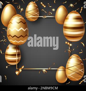Golden eggs on black realistic vector illustration. Shining Easter eggs from gold metal and sparkling tinsel or confetti with frame. Easter greeting card, party invitation or sale banner Stock Vector