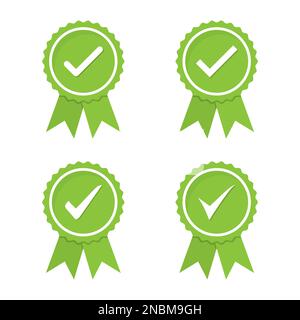 Approved or certified green medal set in a flat design Stock Vector