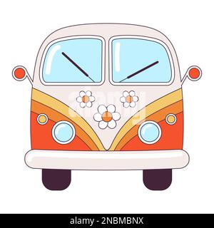 Hippie vintage orange car a mini van retro bus 1960s, 60s, 70s. Groovy Psychedelic cartoon element - funky illustration in hippie style. Flat vector Stock Vector
