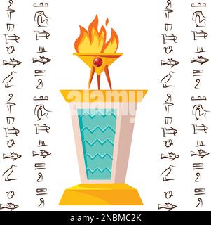 Antique altar or table for religious offering with burning sacrificial fire and Egyptian hieroglyphs, cartoon vector illustration, graphical user interface for game design isolated on white background Stock Vector