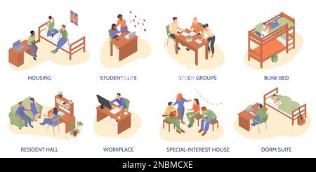 Dorm suite study groups resident hall bunk bed workplace in student dormitory isolated compositions isometric vector illustration Stock Vector