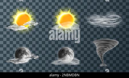 Weather meteo icons realistic set vector illustration. Realistic elements for weather forecast, sun, moon, clouds, hurricane or strong wind, tornado funnel isolated on transparent background Stock Vector