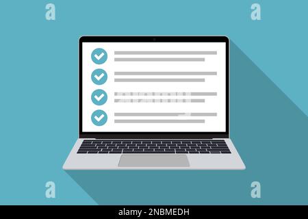 Laptop with checklist in a flat design with long shadow. List with checkboxes Stock Vector