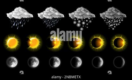 Weather meteo icons realistic set vector illustration. Elements for weather forecast, clouds with snow and rain, different phases or stages of solar and lunar eclipses isolated on black background Stock Vector