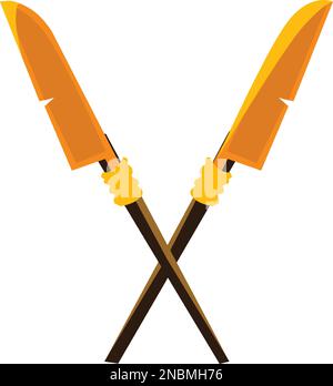 Ancient crossed spears or halberds cartoon vector icon. Antique weapon with wooden polearms or shafts and yellow metal blades crossed and isolated on white background, illustration for game design Stock Vector