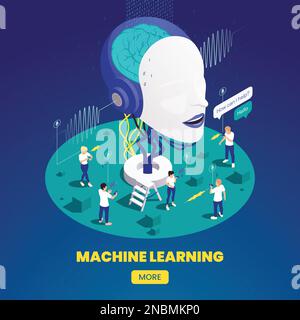 Machine learning deep learning isometric composition with clickable button text and mannequin head with artificial brain vector illustration Stock Vector