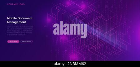 Big data waterfall or cascade, digital binary code data flow analysis visualization, isometric vector illustration. Ultraviolet horizontal banner with streams of numbers, landing page template. Stock Vector