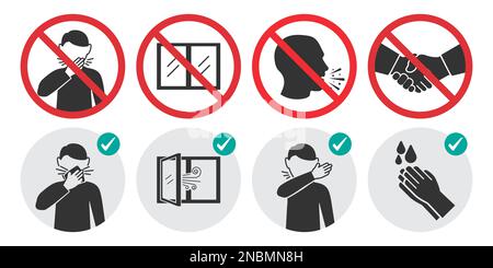 Preventive measures icons for not getting sick and not spreading virus. Set of prohibition signs Stock Vector