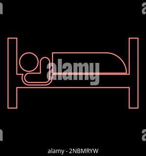 Neon man lies on bed sleeping concept Hotel sign red color vector illustration image flat style light Stock Vector