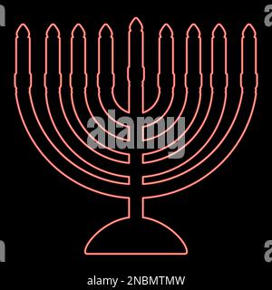 Neon chanukah menorah Jewish holiday candelabra with candles Israel candle holder red color vector illustration image flat style light Stock Vector