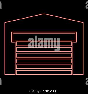 Neon garage door for car Roller shutter hangar warehouse red color vector illustration image flat style light Stock Vector