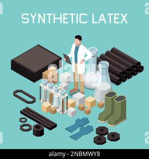 Synthetic latex isometric background with equipment elements of chemical laboratory and finished products vector illustration Stock Vector